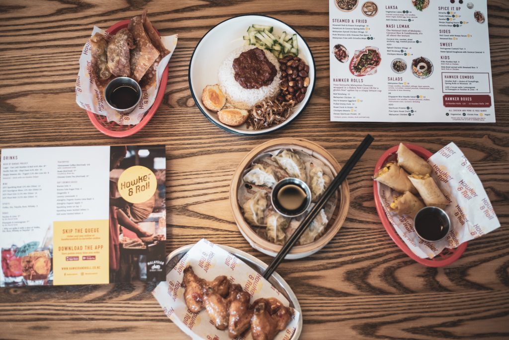 Flatlay of restaurant food and menu